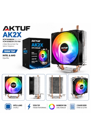 Aktuf Ak2x Rainbow 2 Bakır Borulu 105 Tdp Amd/intel Kule Tipi Yüksek İşlemci Soğutucusu 90mm