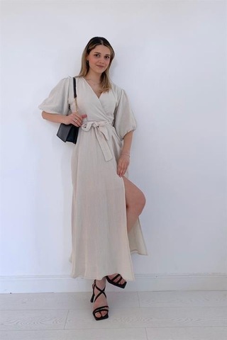 Elbee Fashion Woman Kuşaklı Müslin Elbise - Bej-7108