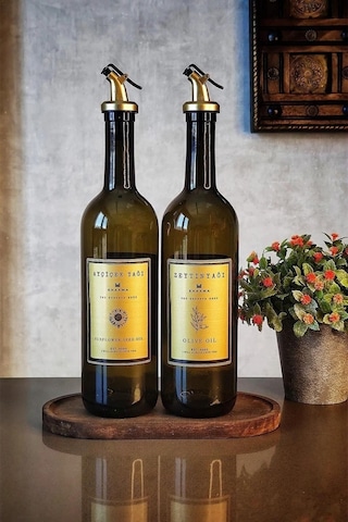 Khakma Ahşap Standlı Zeytinyağı Sıvıyağ Şişesi Yağdanlık 2'li Amber - Gold 750 ML