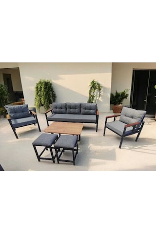 Pielize Bahçe Ve Balkon Mobilyası Gri 3+1+1, Sehpa Ve 2 Puflu Gri