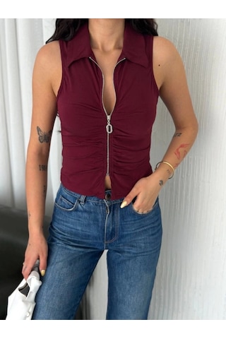 Defymoda Yakalı Tam Fermuarlı Kolsuz Bluz - Bordo Bordo