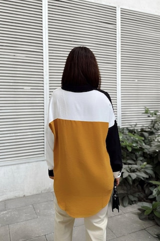 WeShaya Kadın Siyah & Sarı Uzun Kol Detaylı Renk Bloklu Oversize Gömlek Cepli Uzun Tunik Gömlek Siyah