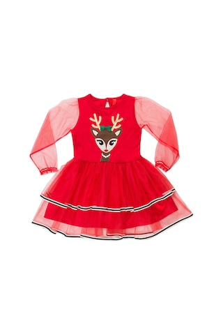 Denokids Tüllü Geyik Kız Kırmızı Yılbaşı Tütü Elbise Kırmızı