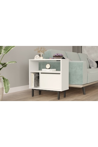 Robin Home Lidya Yan Sehpa Komodin Kapaklı Metal Ayaklı Beyaz