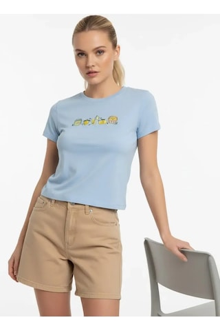 Park Karon 26025 Pamuk Desenli Crop Boy Bisiklet Yaka Örme Bluz Bebe Mavi 40