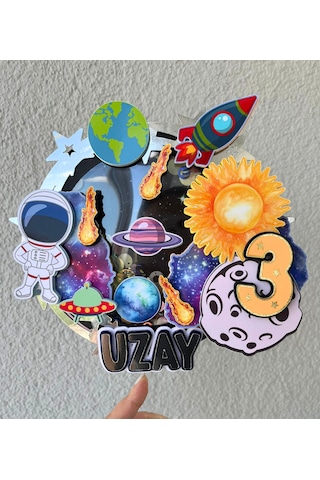 Uzay Temalı İsme Özel Erkek Çocuk Doğum Günü Pasta Süsü
