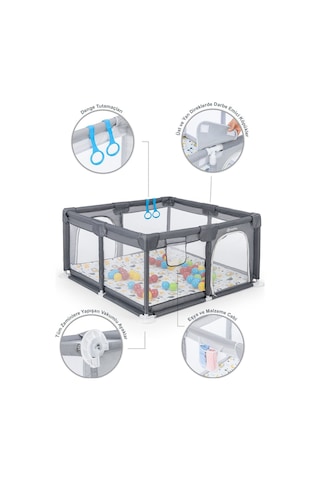 Playard Güvenli Bebek Ve Çocuk Oyun Alanı Oyun Parkı 120x120 Oyun Matı Topları Ve Yataklı Gri