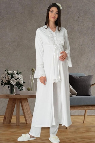 Mecit Pijama Mecit 1517 Bayan Hamile Lohusa Ekru Sabahlıklı Pijama Takımı