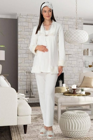 Mecit Pijama Mecit 5304 Ecru Peluş Detaylı Sabahlıklı Lohusa Pijama Takımı