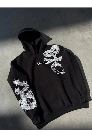 Valensdesign Uzun Kol Kapşonlu Baskılı Sweatshirt - Siyah