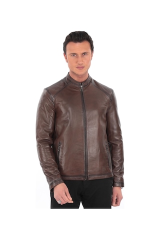 Newzaya Hakiki Deri Slim Fit Erkek Ceket Kahverengi Kahverengi