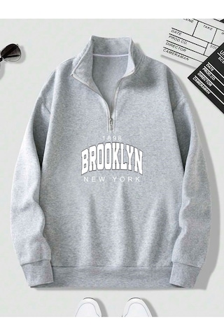 Harmandar Gri Brooklyn Baskılı Erkek Dik Yaka Yarım Fermuarlı Kazak Sweatshirt Gribrooklyndikyaka