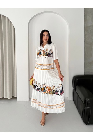 Asprinfashion Plise Etekli Baskılı Bayan Gömlek Etek Takım Beyaz