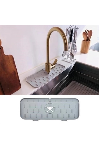 Lavabo İçin Silikon Esnek Mat Musluk Sapı Damlama Tutucu Raf Mutfak Tezgahı Sıçrama Koruma Gri