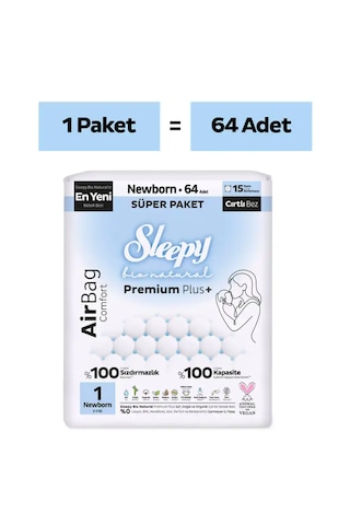 Sleepy Bio Natural Premium Plus Airbag Comfort Süper Paket Bebek Bezi 1 Numara Newborn 64 Adet