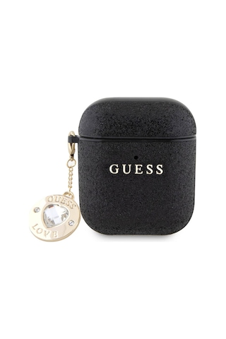 Apple Uyumlu AirPods Kılıf Guess Lisanslı Glitter Elmas Kalp Süs Zincirli Siyah