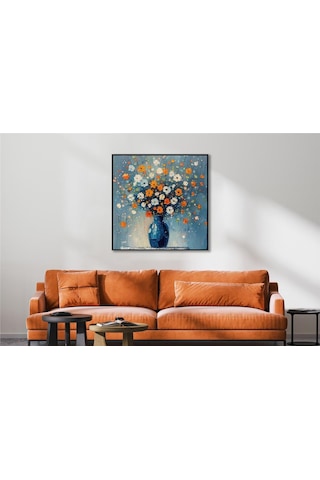 Yağlı Boya Dokulu Tablo Vazoda Renkli Modern Çiçekler Siyah Çerçeveli U02061-178914