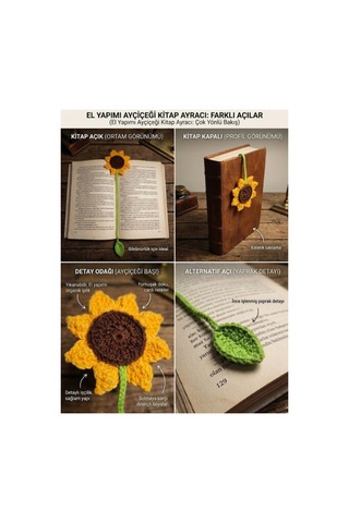 Amigurumi El Yapımı Ayçiçeği Kitap Ayracı Yüksek Kaliteli Malzeme, Detaylı İnce İşçilik