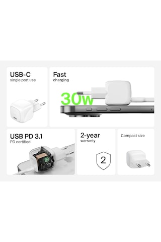Belkin Boostcharge Power Adaptör Usb-c Compact 30 Watt Wca008kqwh