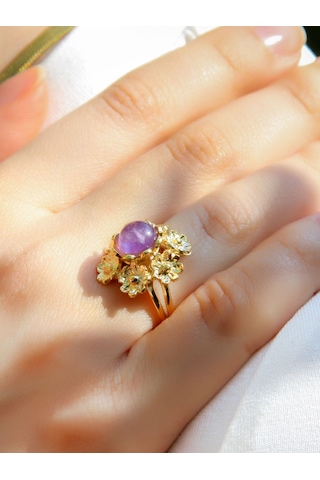 Esha Store Doğal Taş Ametist Doğal Taşlı Çiçek Model Telkari Kadın Ayarlanabilir Altın Kaplama Yüzük Euy61amtg MOR
