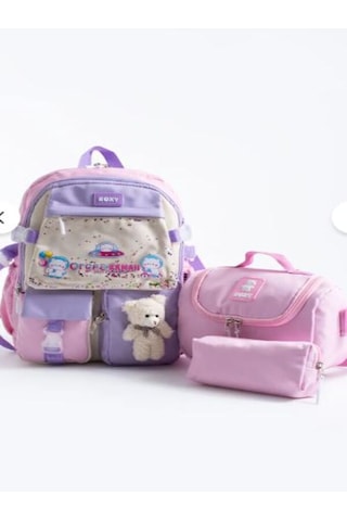 Trg Polo Lila Rooxy Renkli Kore Kawaii Ayıcıklı Okul Çantası Seti Sırt Çantası+beslenme Çantası+kalemlik