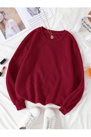 Kadın Bordo Düz Bisiklet Yaka Sweatshirt Bordo
