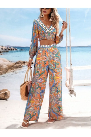 Fashion Cocktail V Yaka Hint Şal Desenli Bohem Yazlık Sahil Kadın Viskon Kollu Krop Pantolon Takım Turuncu
