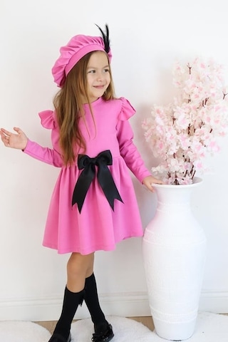 Kız Çocuk Pembe Sofia Pamuklu Fiyonk Detaylı Elbise Kep Abiye Takım Pembe
