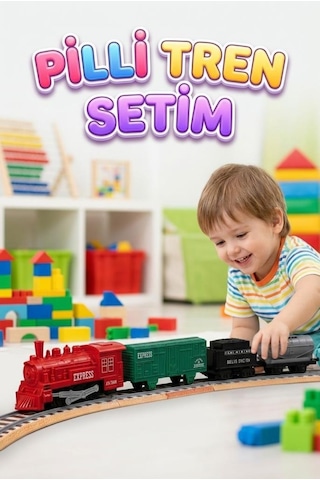 12 Parça Pilli Tren Seti Işıklı Ve Duman Çıkaran Modüler Ray Sistemli Kırmızı Tren Yeşil Vagon