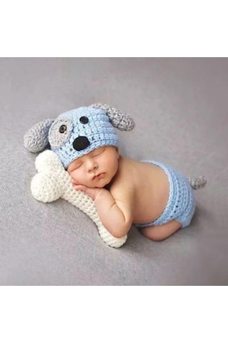 1 Takım Yenidoğan Kazak El Yapımı Karikatür Cilt-dokunmatik Kemik İle Kolay Giyilebilir Çe Köpek Şekli Erkek Bebek Kostüm 56677526 Açık Mavi