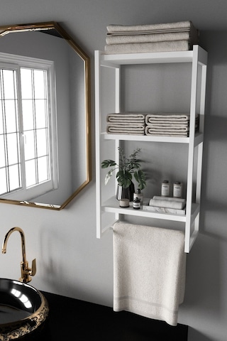 Aju Havluluk Duvar Rafı 3 Katlı Raf Banyo Mutfak Düzenleyici Modern Geniş Depolama Rafı Şık Havlu Askıısı Beyaz