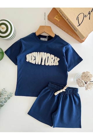 Magu Erkek Çocuk Pamuklu Mavi New York Yazı Aplikeli T-shirt Şort Takım