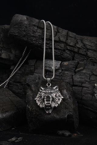 Aslan Başlı Erkek Çelik Zincir Kolye Cklaslnkafa-Gms Çelik