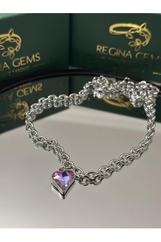 Dual Tone Heart Crystal Kolye Gümüş