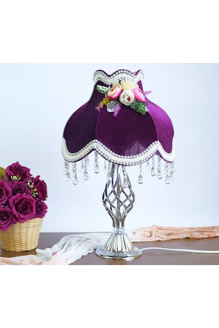 Mürdüm Kadife Kaplı Krom Kaplama Burgu Ayak Çiçek Dekorlu Abajur 50 x 30 cm Ab0066 Dekovien Diğer