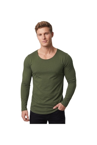 Deepsea Erkek Haki %95 Pamuk Slim Fit Kesik Açık Yaka Likralı Penye Sweatshirt Oval Kesim 2602299
