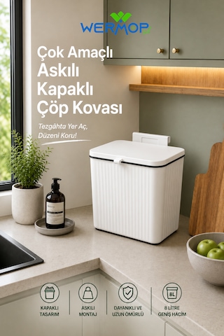 8 Litre Mutfak Tezgâh Üstü Ve Dolap Askılı Kapaklı Çöp Kovası Beyaz