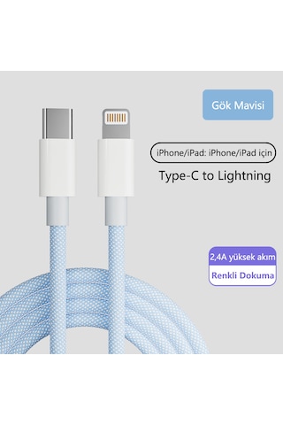 20w Type c Lightning Hızlı Şarj Kablosu Kalın Dokuma Apple iPhone 13 12 11 x Uyumlu Akıllı Çipli 1m Mavi Tip