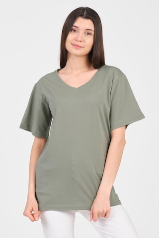 As Collection Yeşil V Yaka Kısa Kol Boyfriend Kadın T-shirt Yeşil