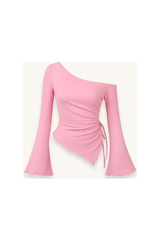 Meren Like Your Style Pembe Uzun Kollu Asimetrik Yaka Drapeli Yan Bağlamalı Bahar Sonbahar Bluz Üst Pembe