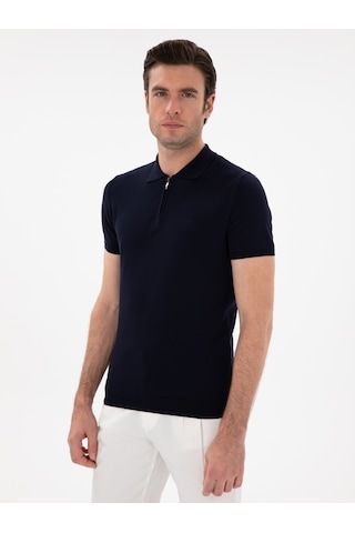 Lacivert Slim Fit Fermuarlı Polo Yaka Triko T-shirt