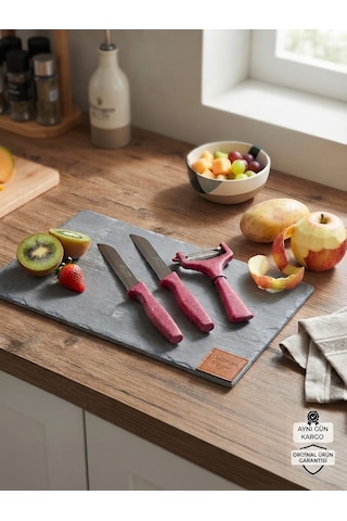 Solingen Ritter Alman Üretimi 3 Parça Mutfak Seti - 2 Adet Tırtıklı Bıçak 10 Cm + 1 Adet Soyacak Mor - Pembe