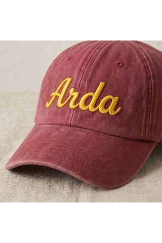 Bk Gift Kişiye Özel İsim Nakışlı Vintage Bordo Beyzbol Şapkası Unisex Eskitme Kumaş Metal Tokalı