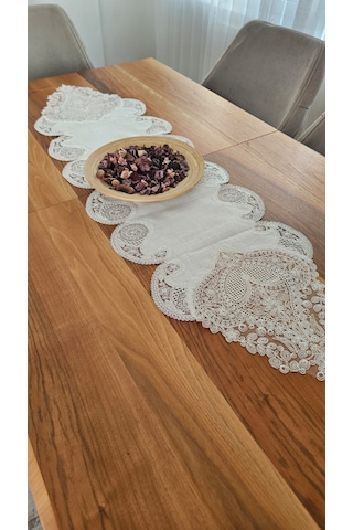 Şal Desen Fransız Dantelli Keten Gardeya Lüks Runner