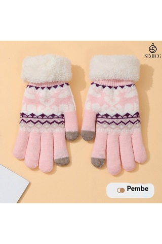 Kadınlar İçin Dokunmatik Ekranlı Kadife Sıcak Sevimli Çizgi Film Geyik Yün Eldiven Pembe