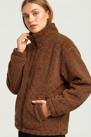 Kadın Peluş Tam Fermuarlı Cepli Sherpa Kuzu Kumaş Oversize Peluş Polar Sweatshirt Kahverengi