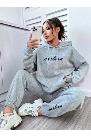 Harmandar Carlston Yazılı Kışlık Alt Üst Takımı Sweatshirt Eşofman Altı - Gri Baskılı Oversize Kapüşonlu Gri