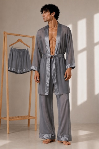 Qmen Style Erkek Şifon 3'lü Kimono - Pijama - Şort Seti Gri