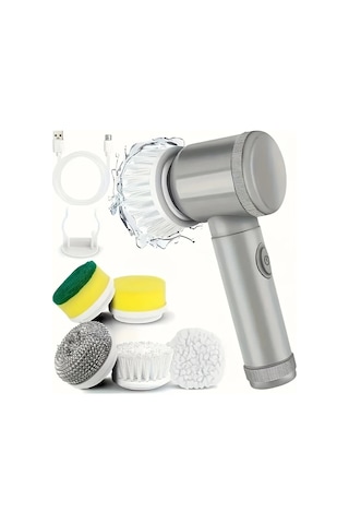 Fochsia Wireless Elektrikli Döner Temizleyici Grey Usb Şarjlı Değiştirilebilir Fırça Başlıkları 6 Farklı Fırça Banyo Mutfak Araba Cam