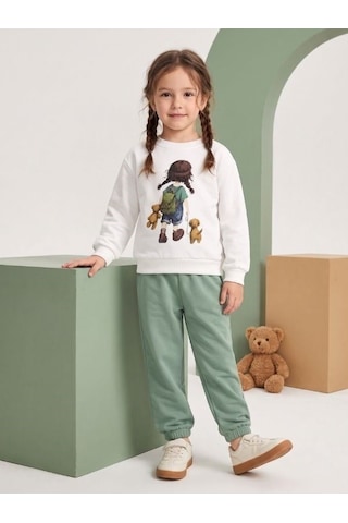 Zekids Kız Çocuk Ekru Baskılı Sweatshirt Ve Yeşil Jogger Eşofman Takımı-17434 Beyaz